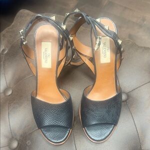 Valentino Black Leather Sandals with Gold Studs